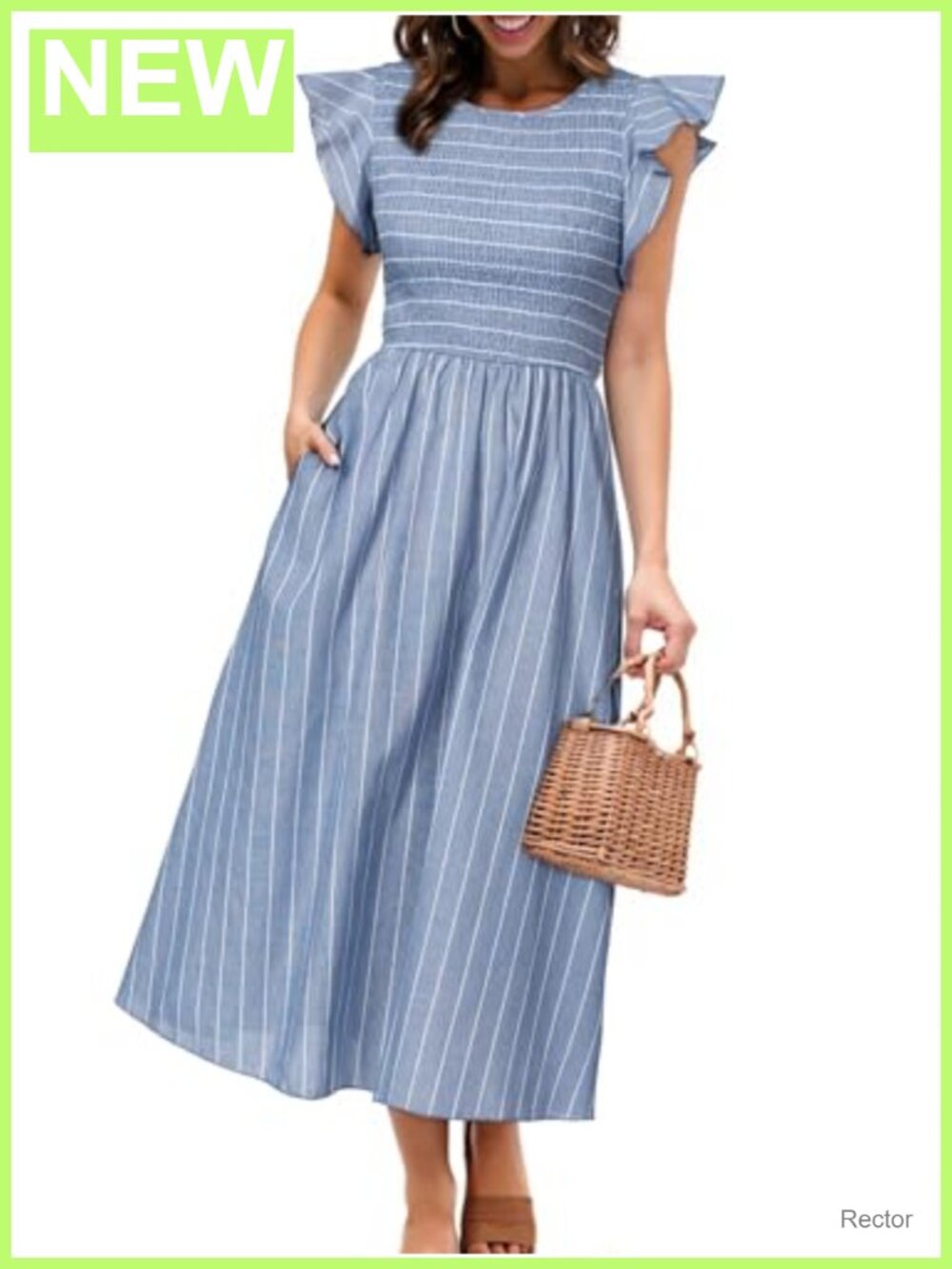 Linen Smocked Midi Dress Flutter Short Sleeve Flowy Casual Dress with Pockets